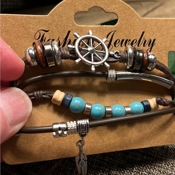 2305-PCM Turquoise, Silver, & Wooden Beads, Pendants Leather 4 Layer Bracelet - Picture 5 of 12